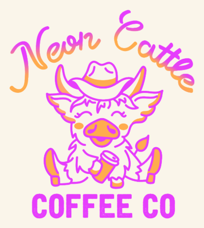 Neon Cattle Coffee Co logo: a highland cow in a cowboy hat holding a coffee cup